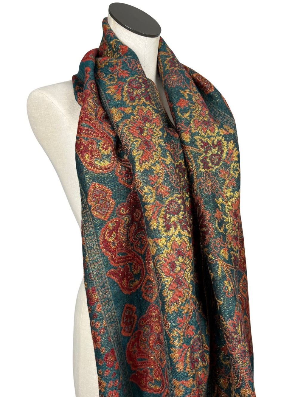 Arden B Floral Pashmina Cotton Blend Wrap Scarf Teal Blue Red Gold